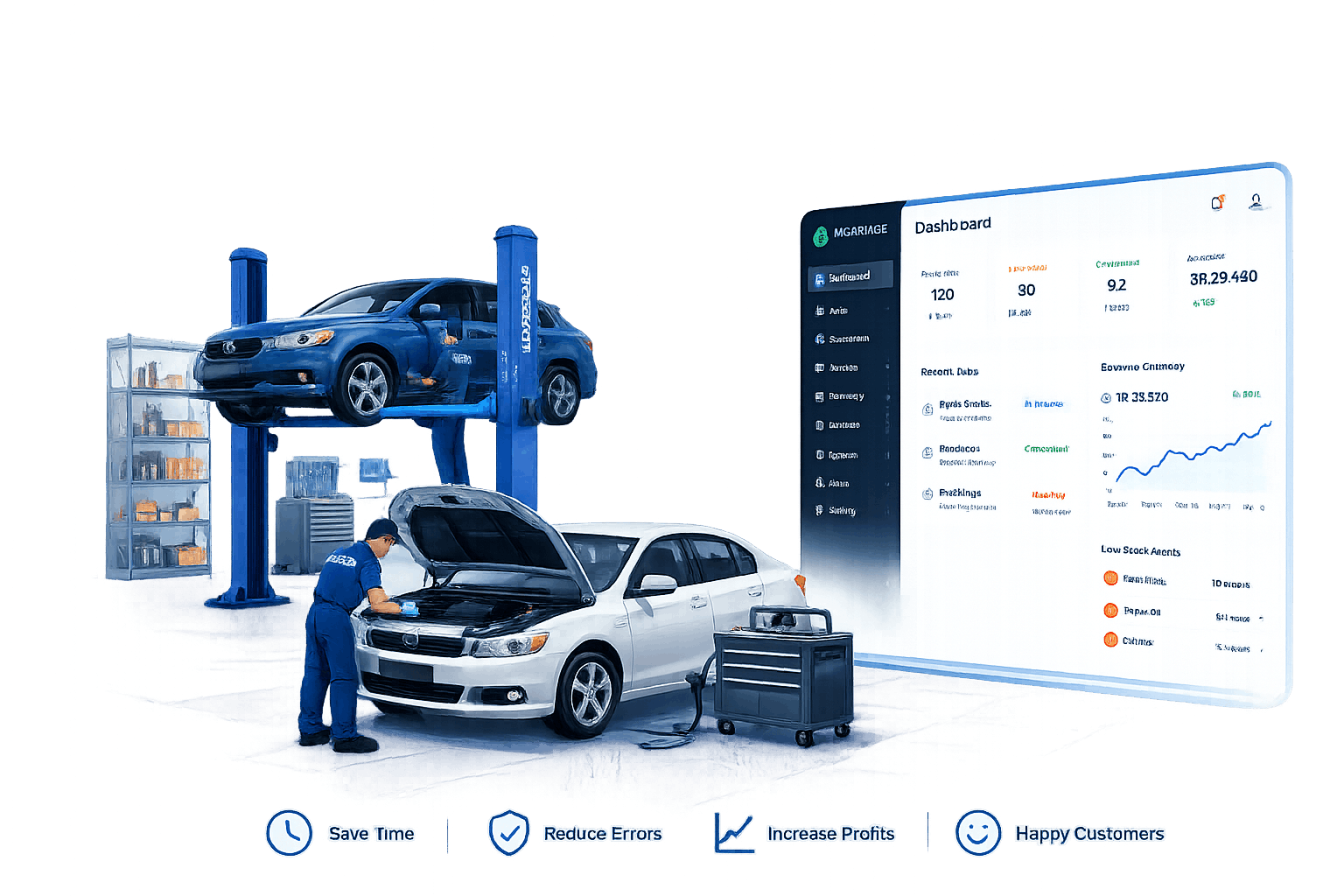 Mechanic servicing vehicles on a two-post lift in an M Garage Master workshop